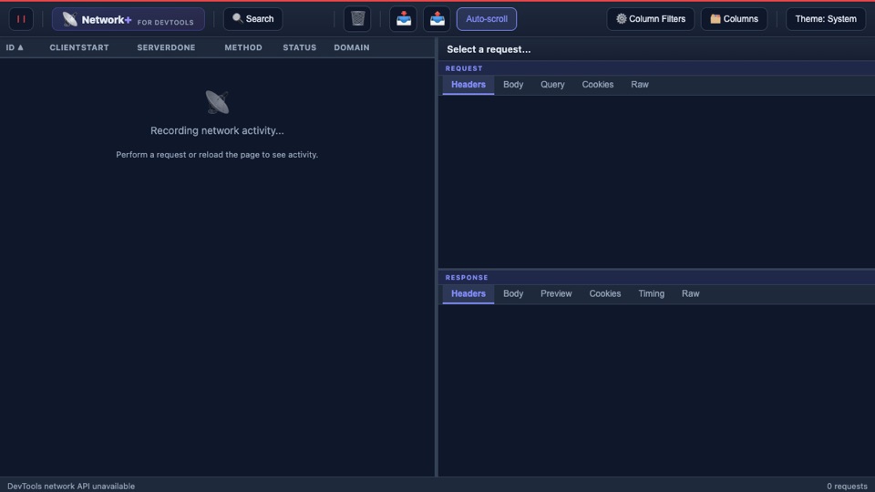 リクエスト一覧と詳細ペインを備えたNetwork+のDevToolsパネル